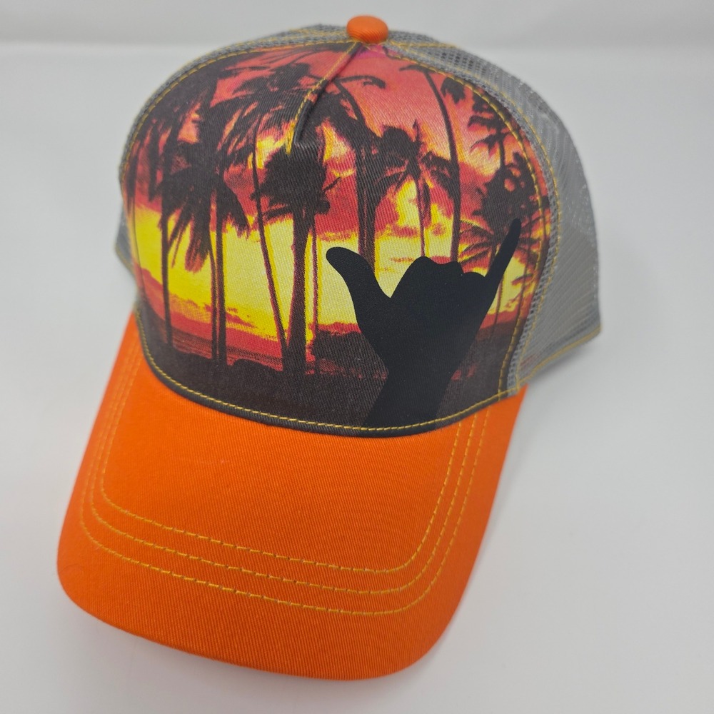 HYP Trucker Hat Mens 56CM Orange Grey Sunset Palm‎ Tree Shaka Snapback Cap